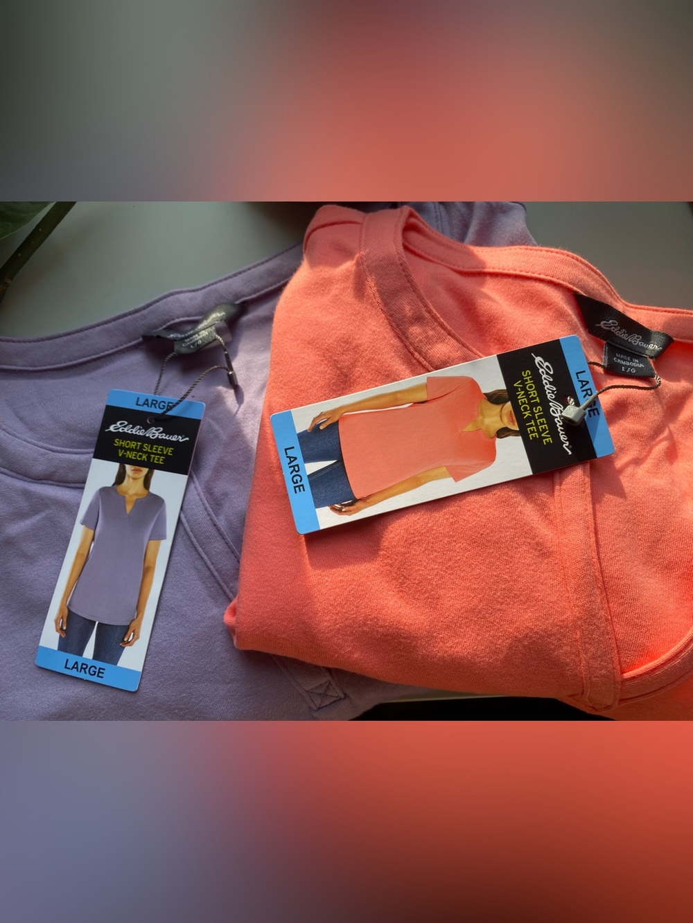 2 FOR 1: Eddie Bauer Women’s ' Short Sleeve V-Neck Tee - Coral and Lavender - L